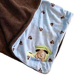 Just One Year Carters Baby Blanket Blue Brown Puppy Dog Paw Prints Sherpa J4902
